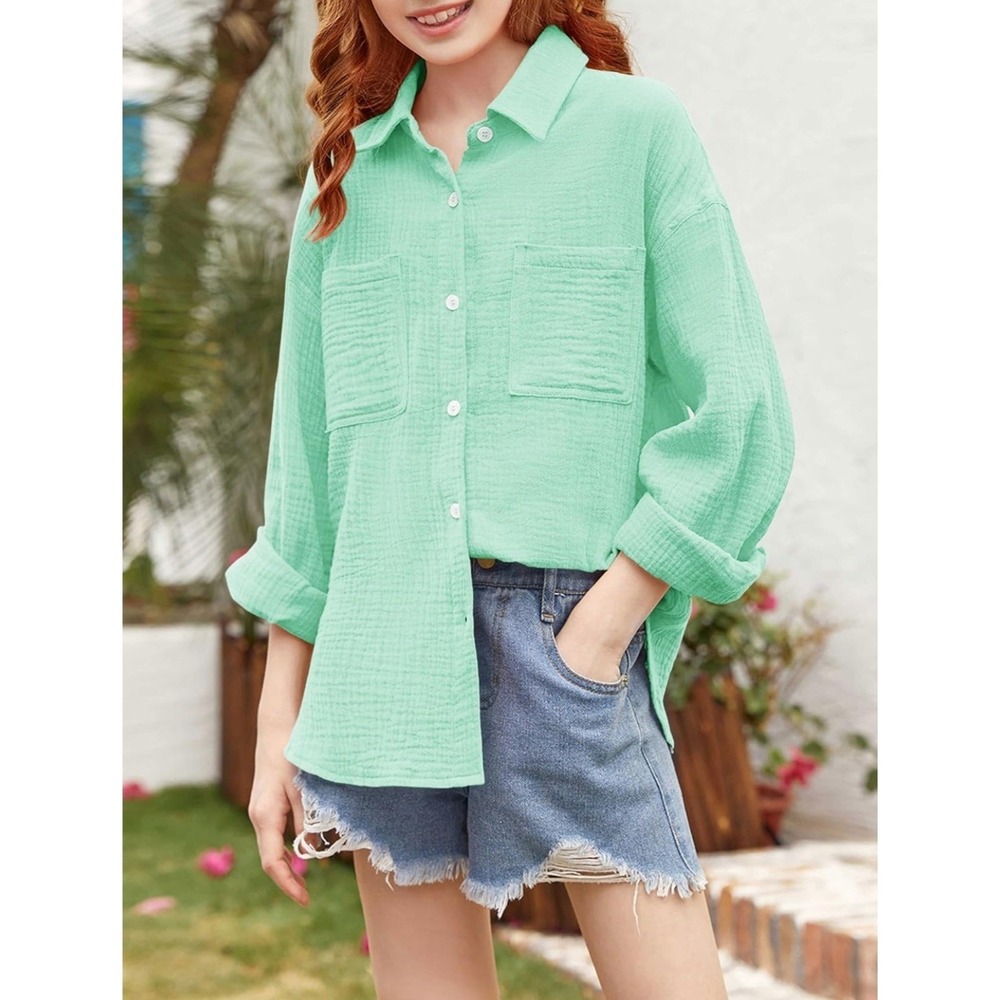 Turquoise Button Down Girls‎ Casual Shirt, Pockets Light Weight To Up Cuff